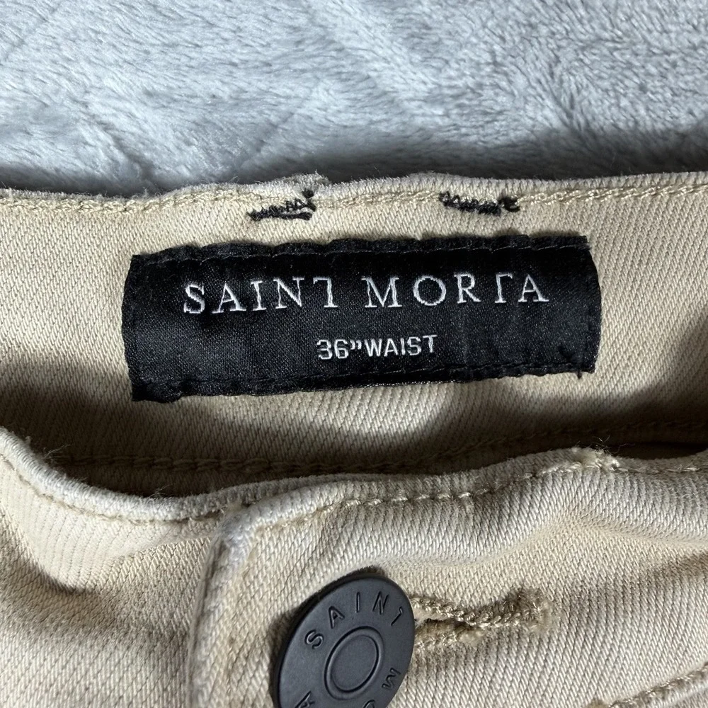 Saint Morta Men's Index Distressed Biker Jeans Sz 36x31 Moto Ripped Beige Khaki
